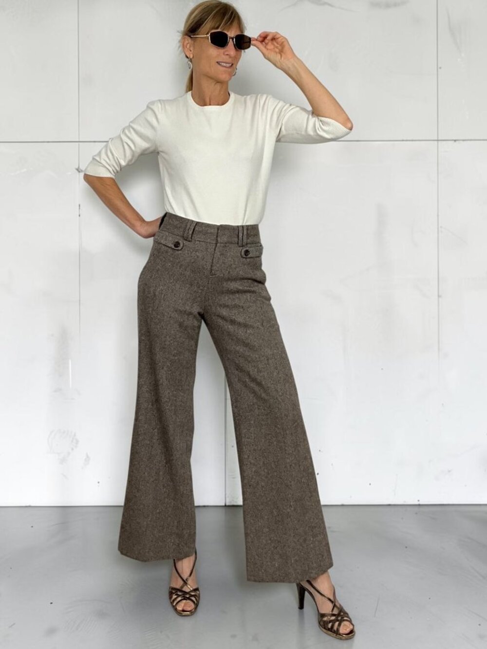 Banana Republic Wide Leg Wool Pant Trouser 0P Petite Brown Tweed Fall Fashion